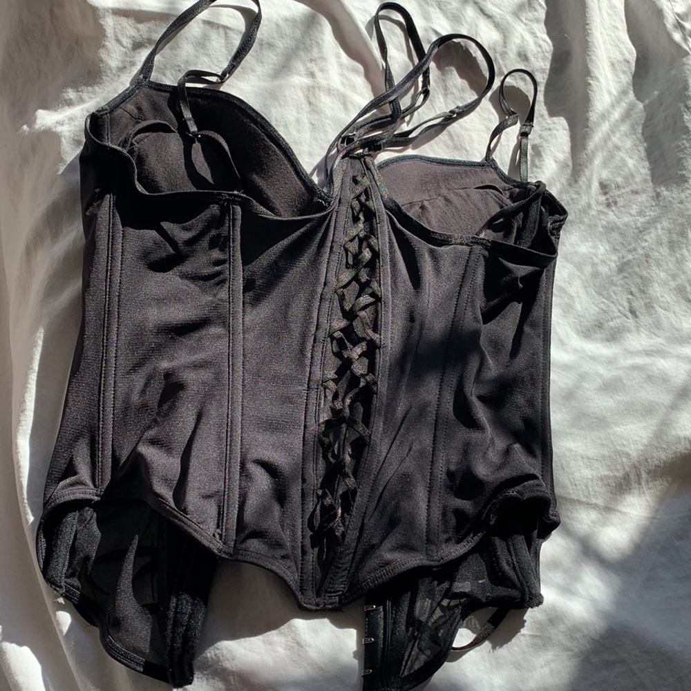Vintage 90's black push up underwire lace up boned corset bustier top L - Picture 10 of 15